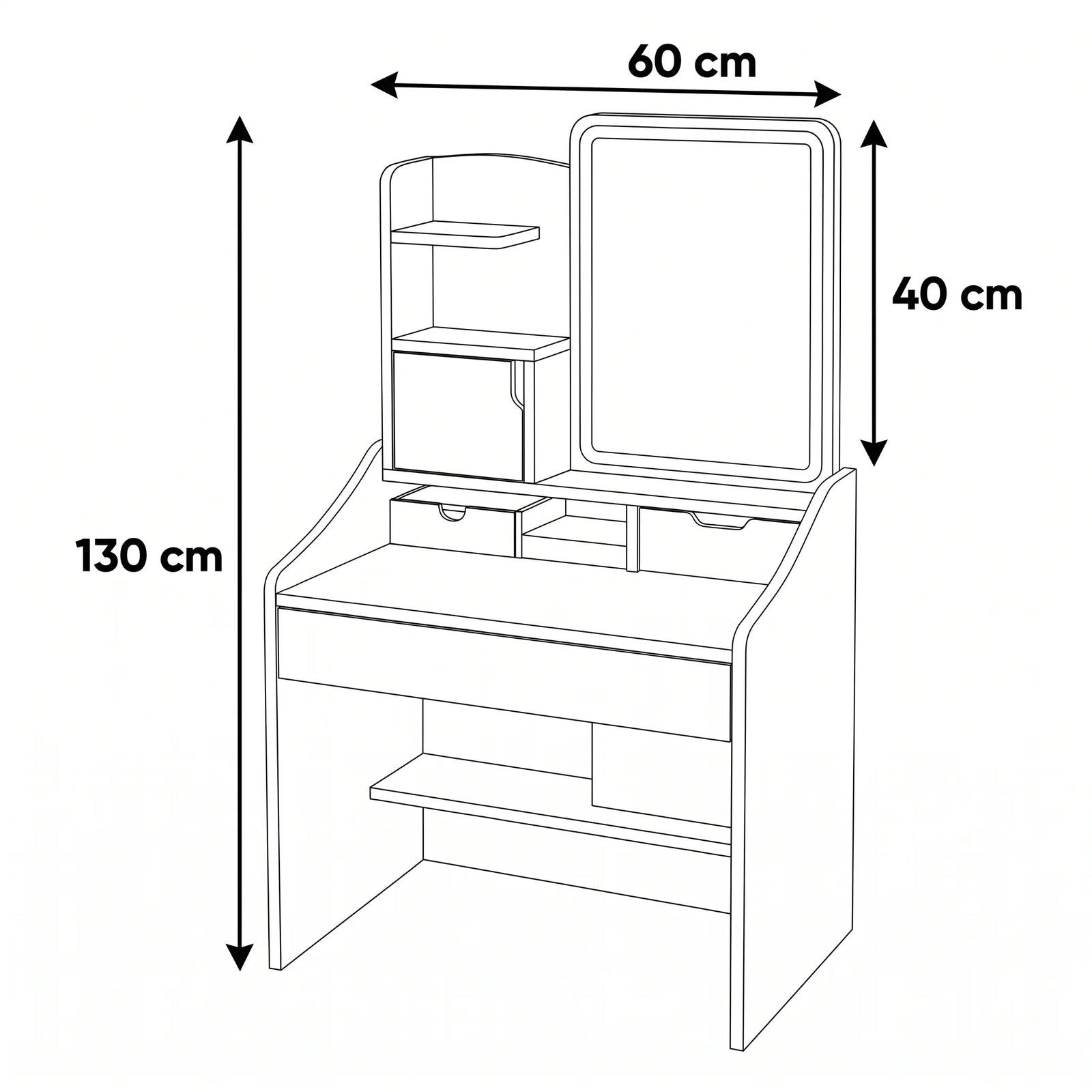 Dimenzije stola za šminkanje Zuri - širina 60 cm, dubina 40 cm, visina 130 cm