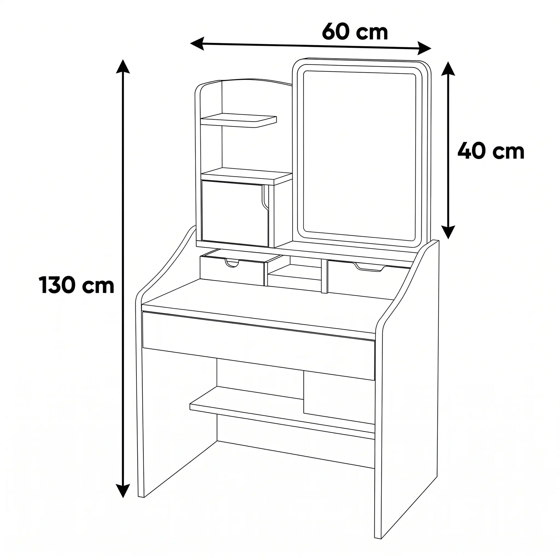 Dimenzije stola za šminkanje Zuri - širina 60 cm, dubina 40 cm, visina 130 cm