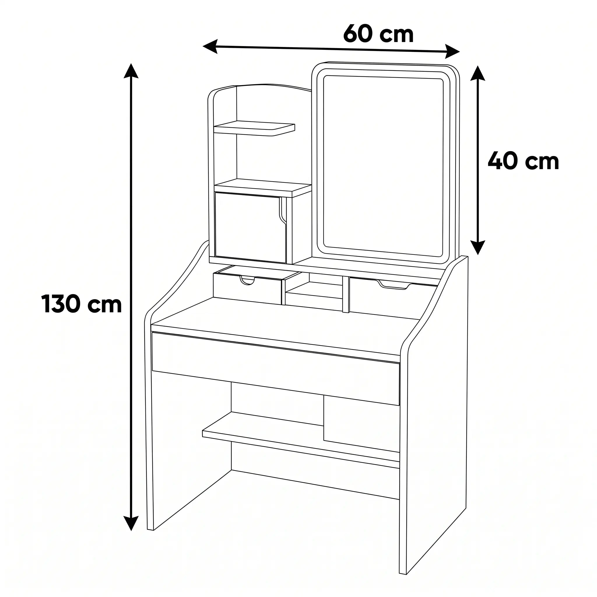 Dimenzije stola za šminkanje Zuri - širina 60 cm, dubina 40 cm, visina 130 cm