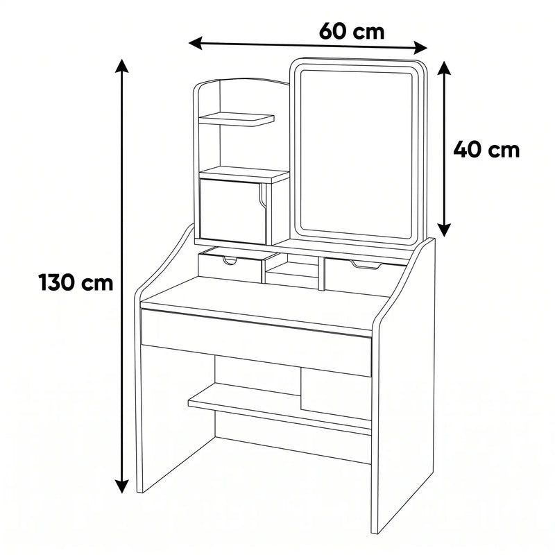 Dimenzije stola za šminkanje Zuri - širina 60 cm, dubina 40 cm, visina 130 cm